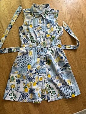 Crewcuts Sleeveless Lemon & Tile Print Shirt Dress in Blue, Yellow & White